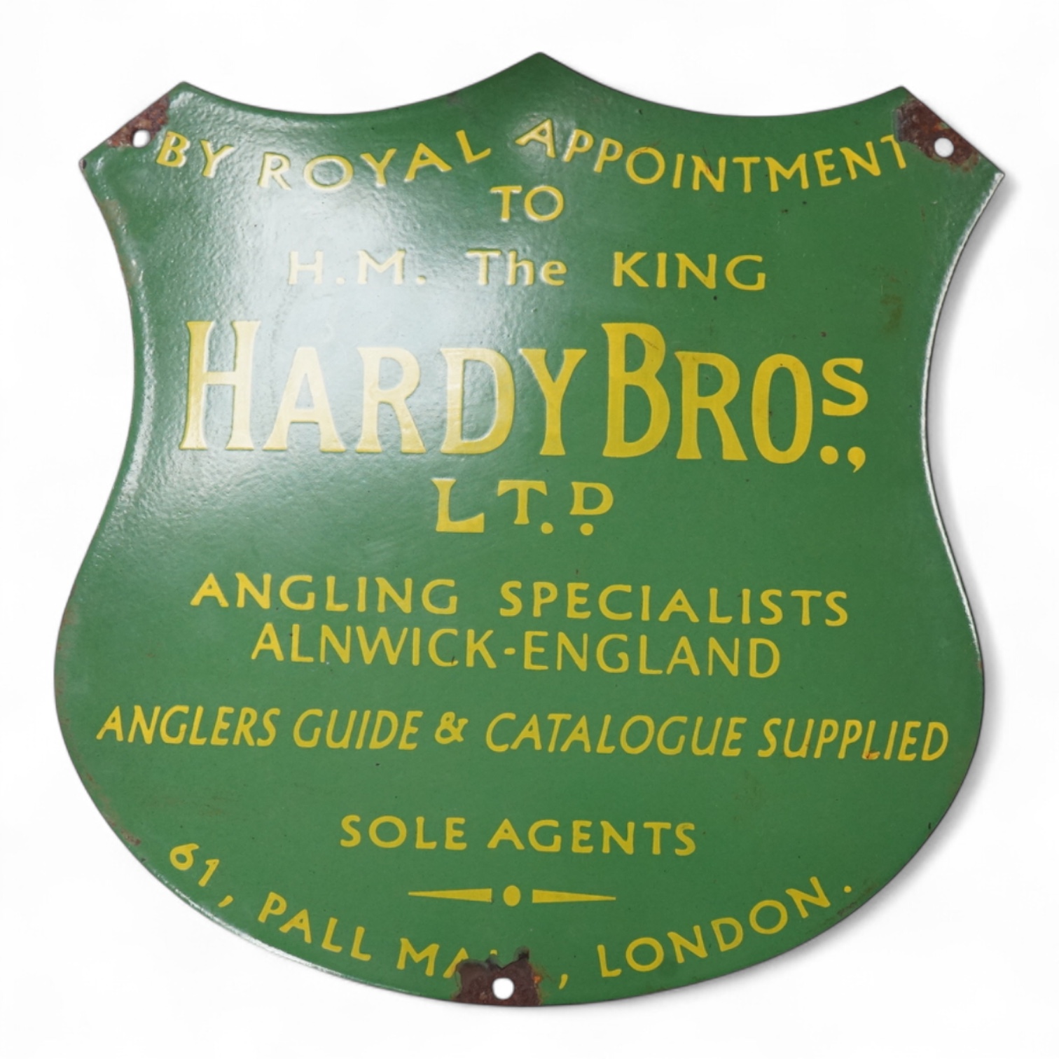 An enamel advertising shield for Hardy Brothers Ltd. angling specialists, 30cm high
